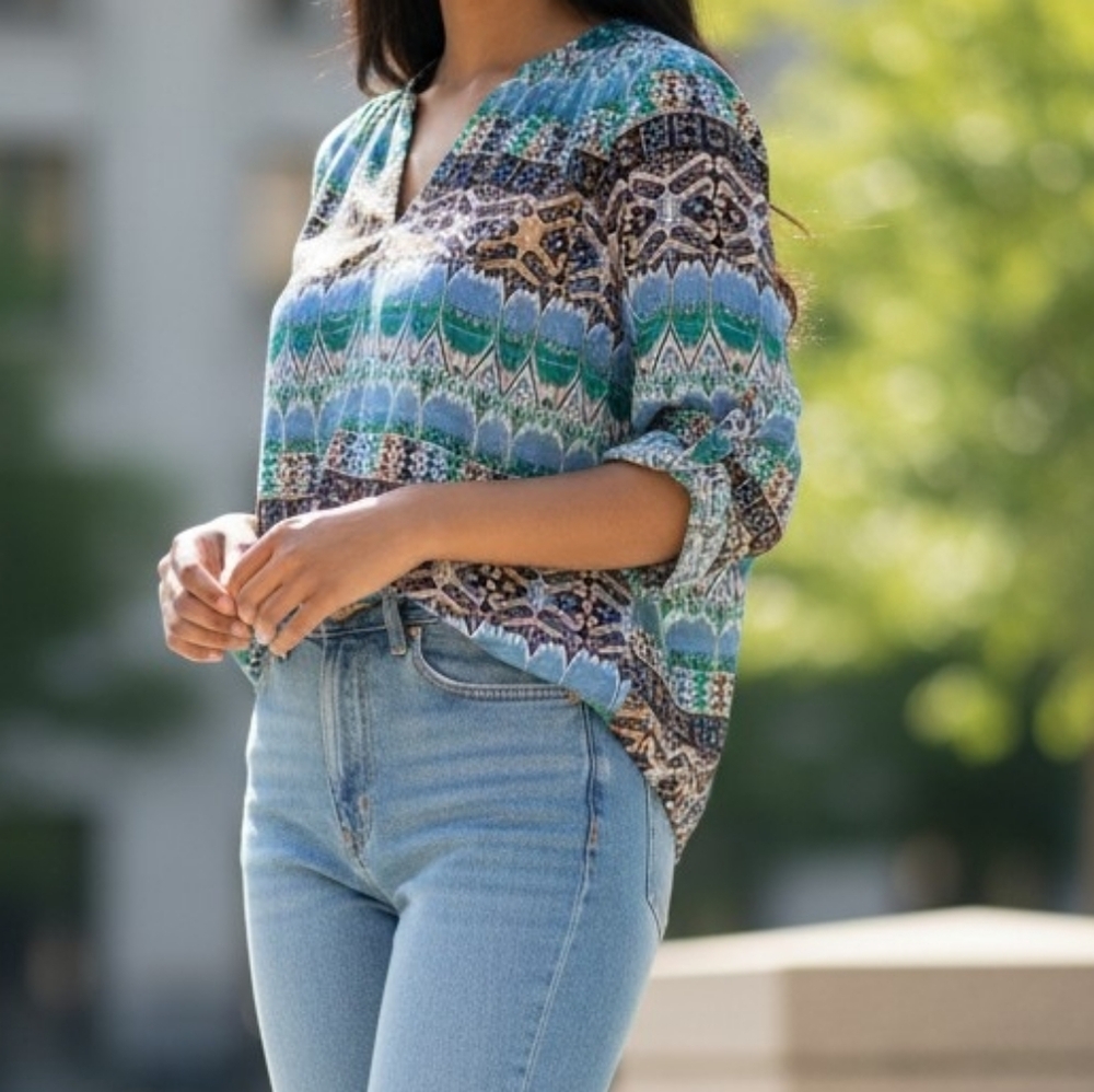 Turquoise Blue Boho Print Top 3/4 Sleeve S Festival Earthy Aztec Western Desert